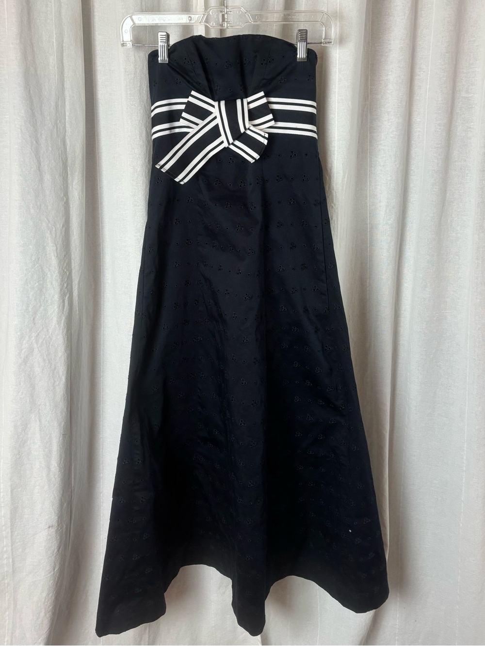 NWOT Worth Navy Blue Eyelet Dress Strapless Bow Trim A-Line Lined New Size 0 XS